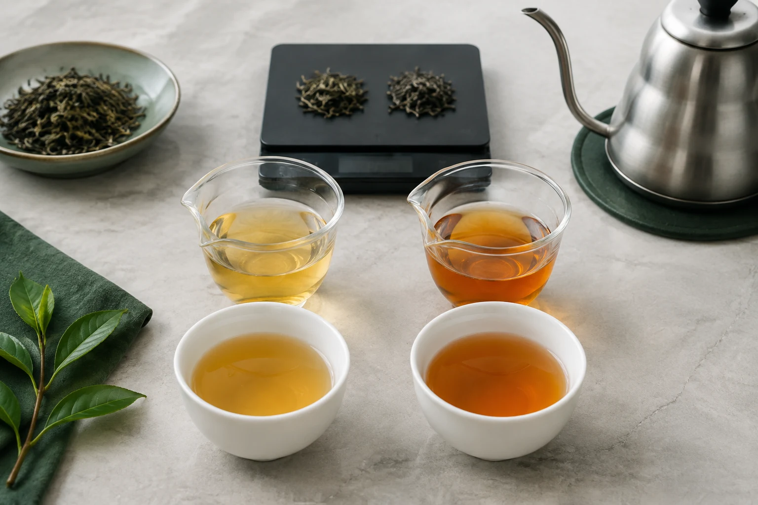 Two small Darjeeling infusers and matching cups prepared for a controlled side-by-side brewing trial