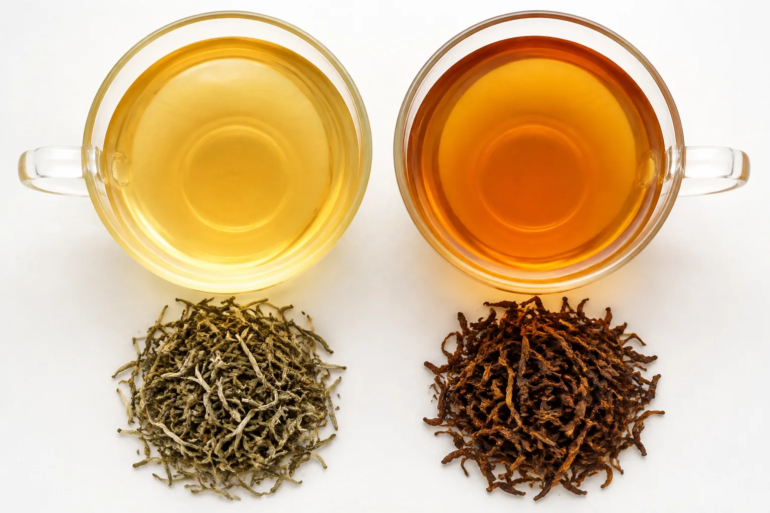 Pale first-flush and deeper second-flush Darjeeling cups beside their distinct dry leaves