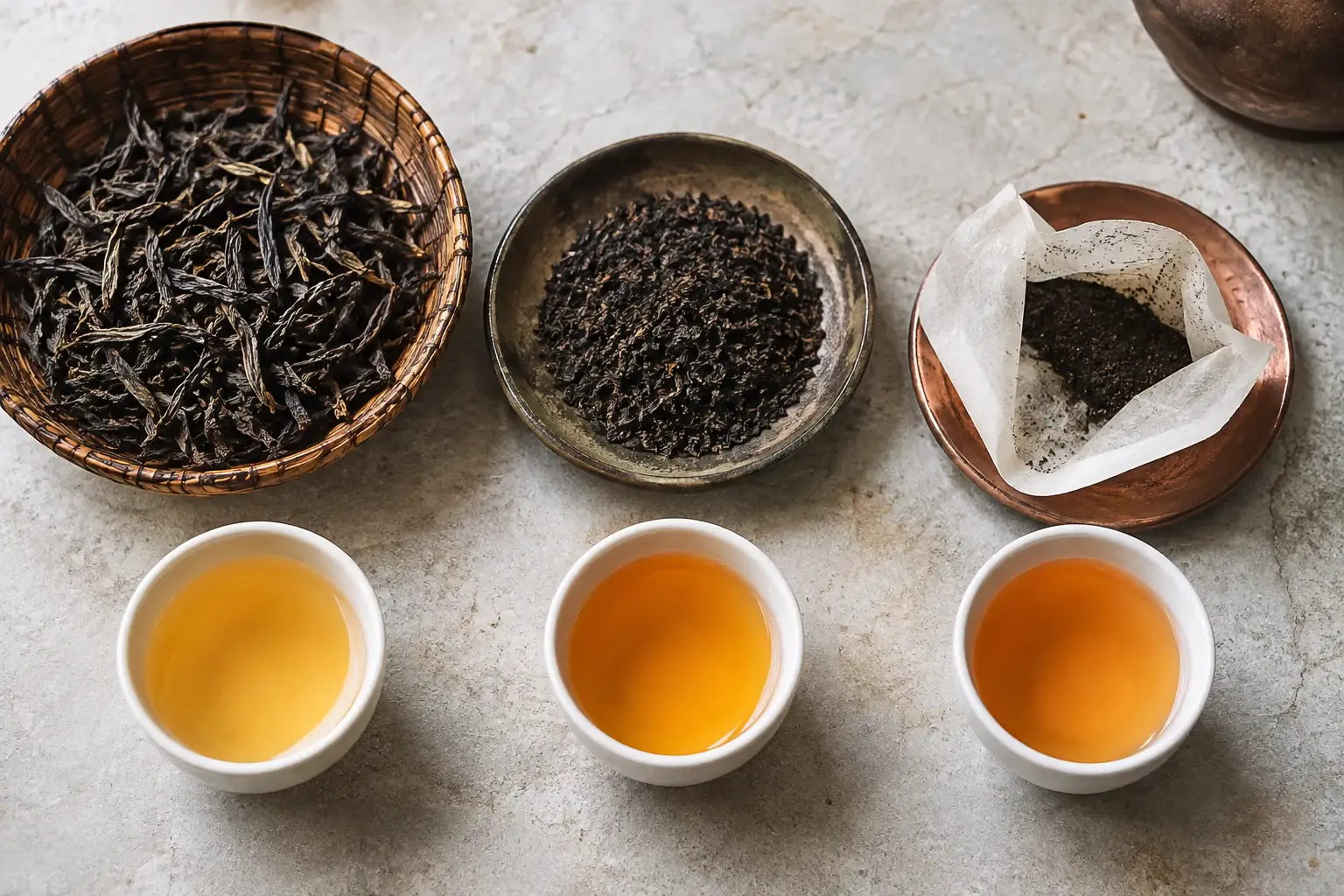 Whole, broken, and bag-cut Darjeeling leaves compared with their brewed cups
