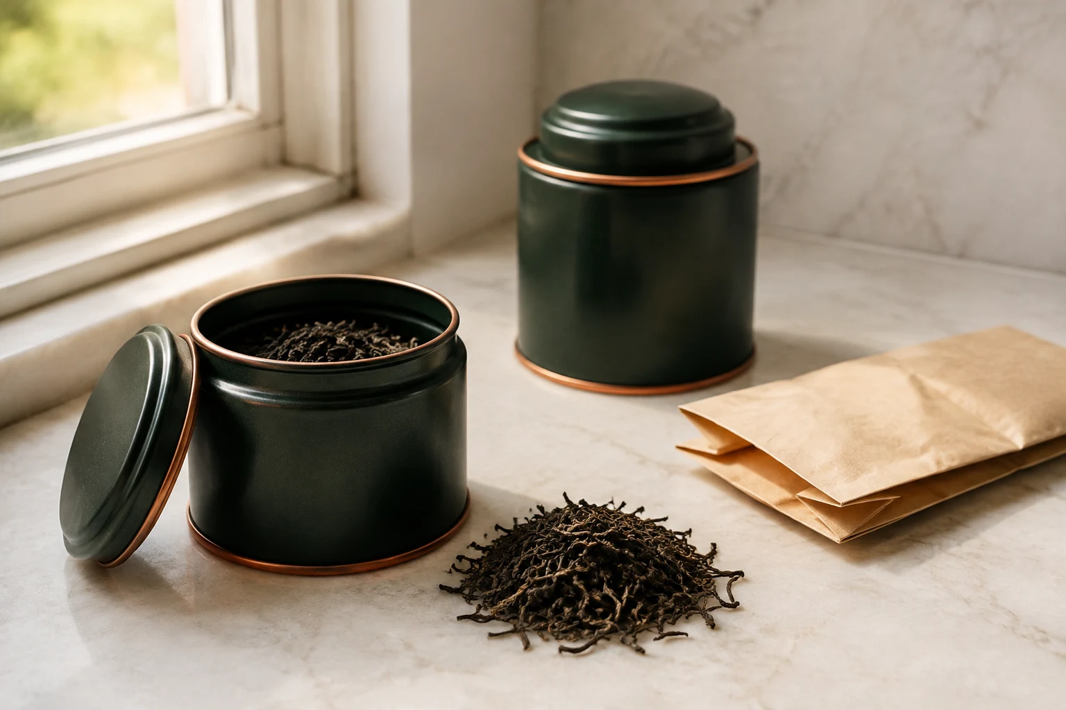 Small working tin and sealed reserve tin used to protect aromatic Darjeeling leaf from repeated exposure