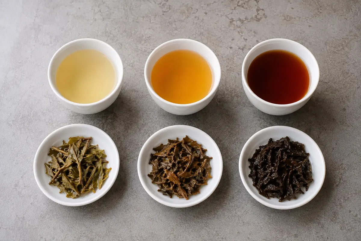 Under-extracted, balanced, and over-extracted Darjeeling tea in white cups with their wet leaves
