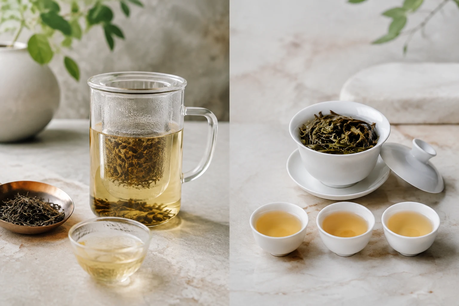 Western basket infusion and high-leaf gaiwan brewing shown side by side with Darjeeling tea