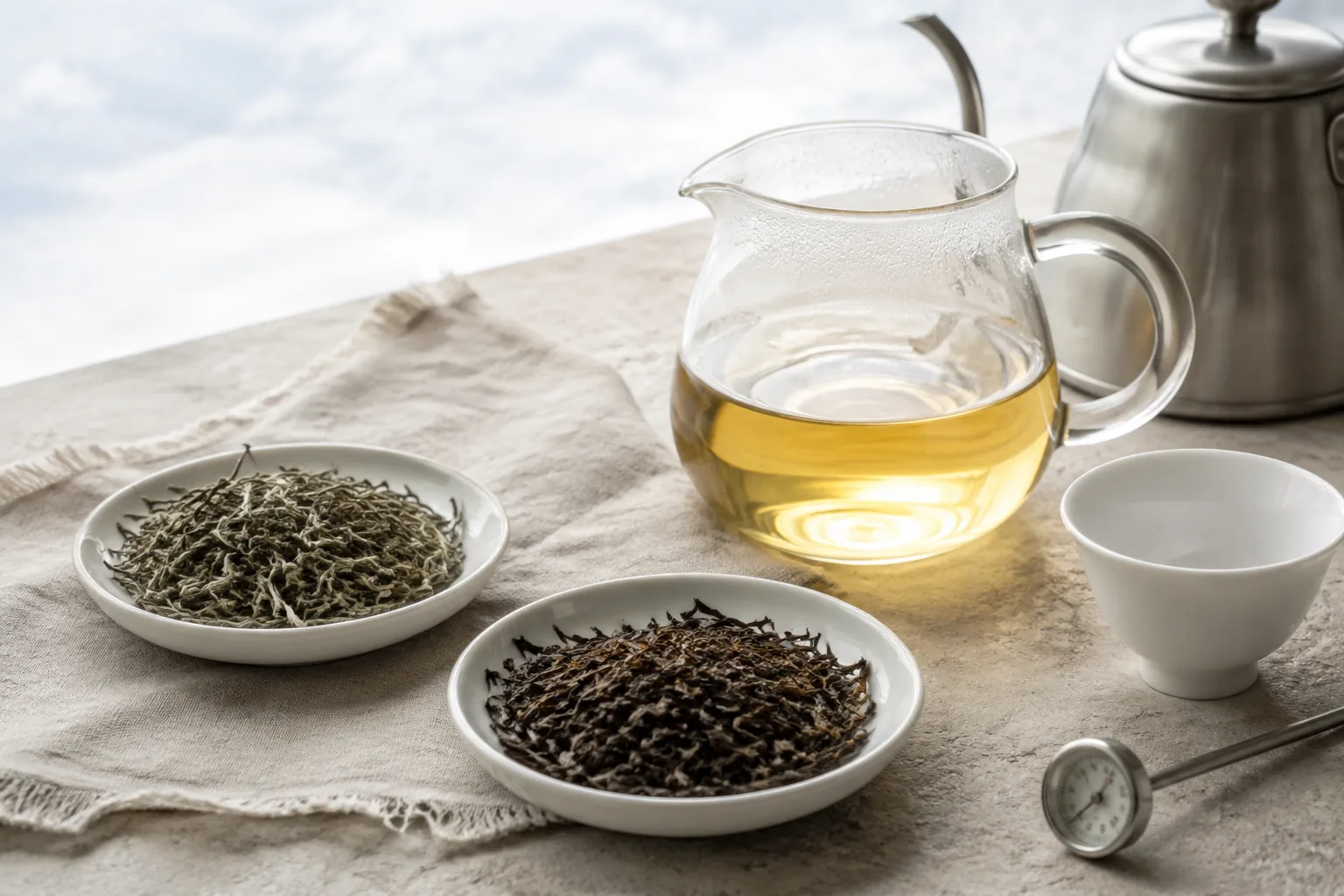 Pale Darjeeling tea with separate dishes of wiry first-flush and darker second-flush leaves