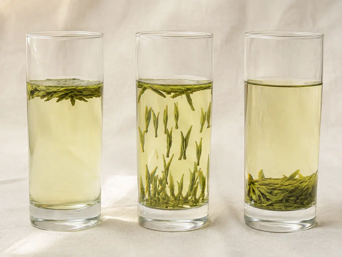 Three tall glasses showing Dragon Well leaves floating, standing upright, and sinking during brewing