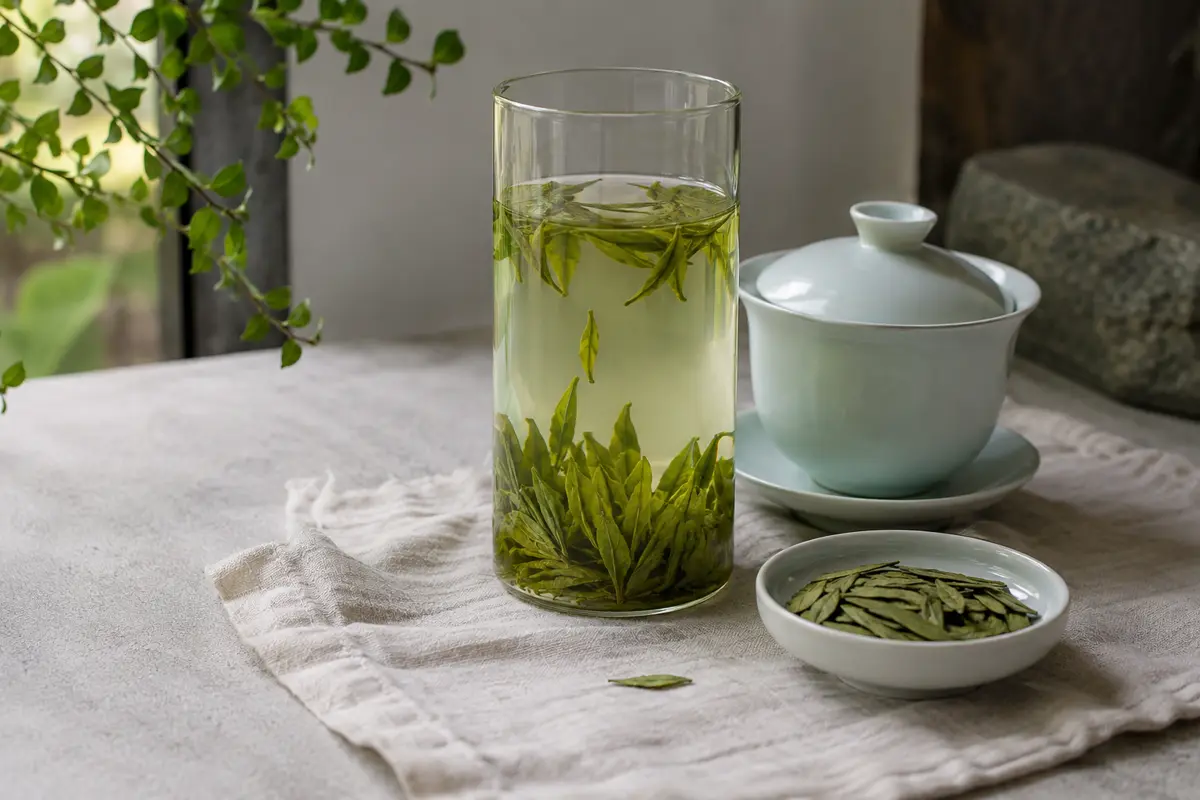 Flat Dragon Well leaves standing and sinking in a tall clear glass of pale tea