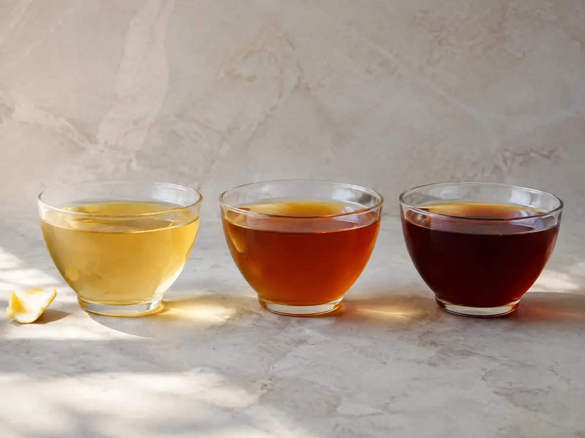 Three Earl Grey cups showing pale weak, clear balanced amber, and dark over-steeped liquor