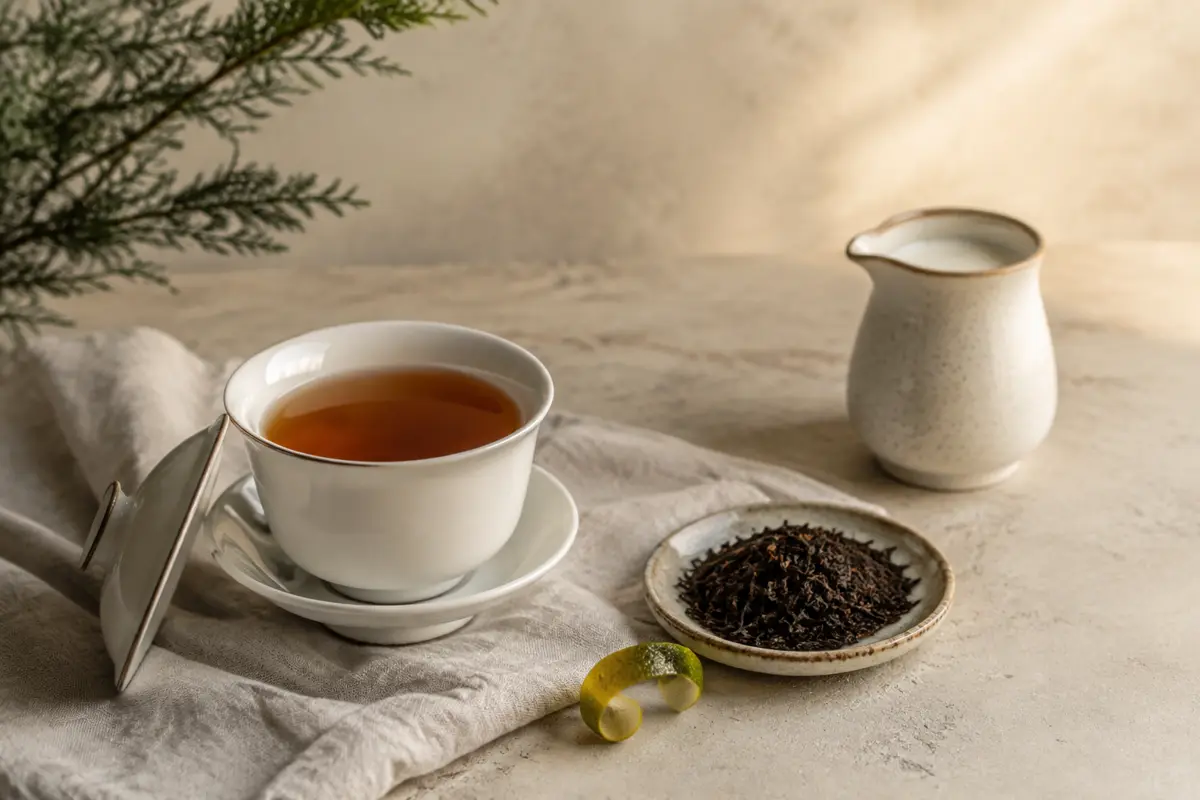 Covered cup of amber Earl Grey beside black tea leaves and a curl of bergamot peel