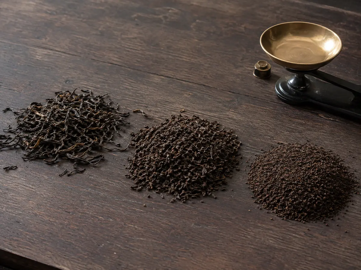 English Breakfast blend separated into wiry whole leaf, broken leaf, and small CTC particles