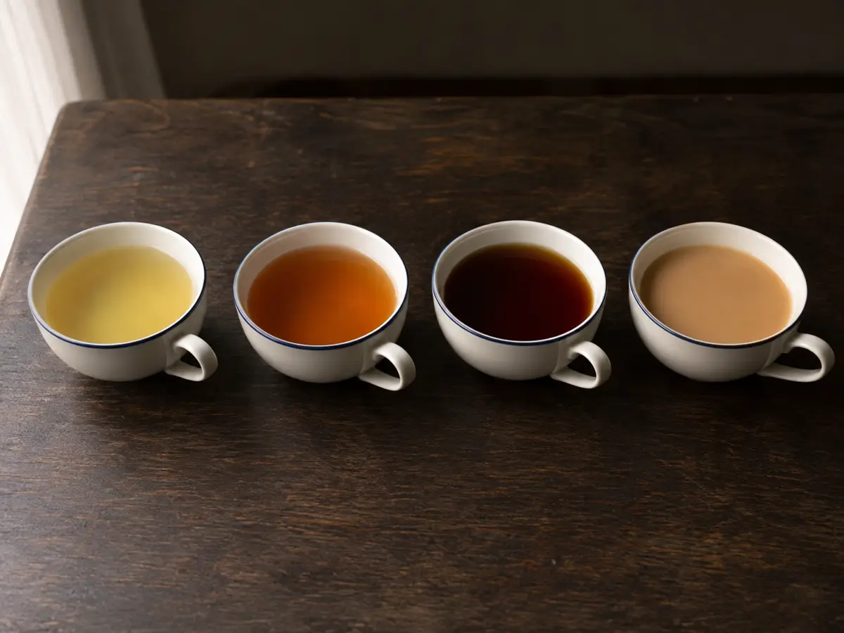 Four cups of English Breakfast tea showing weak, balanced, over-steeped, and milk-diluted results