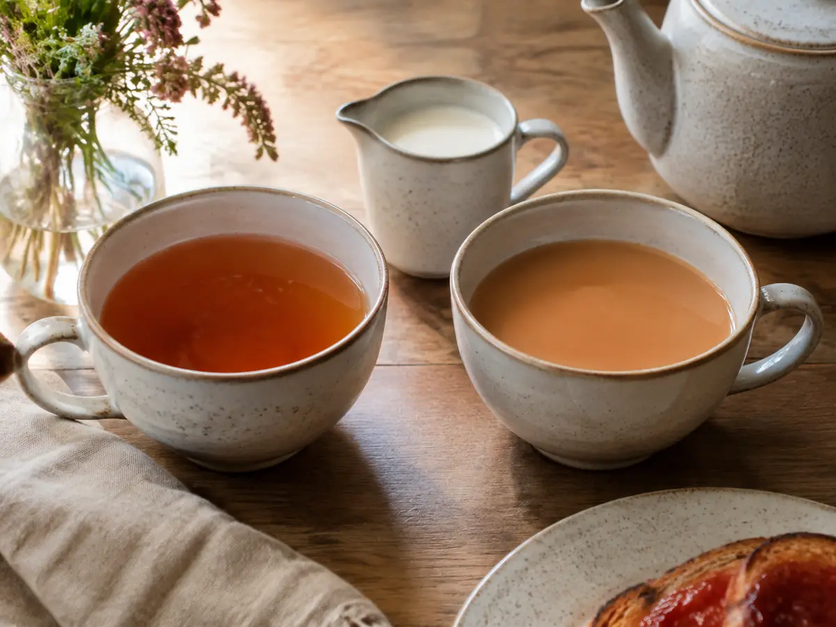 Plain amber English Breakfast tea beside a concentrated cup finished with a small amount of milk