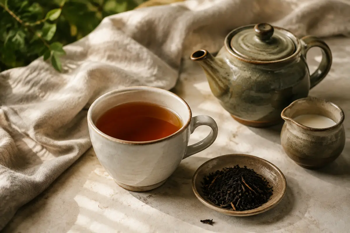 Strong amber English Breakfast tea beside a measured blend and a small milk jug