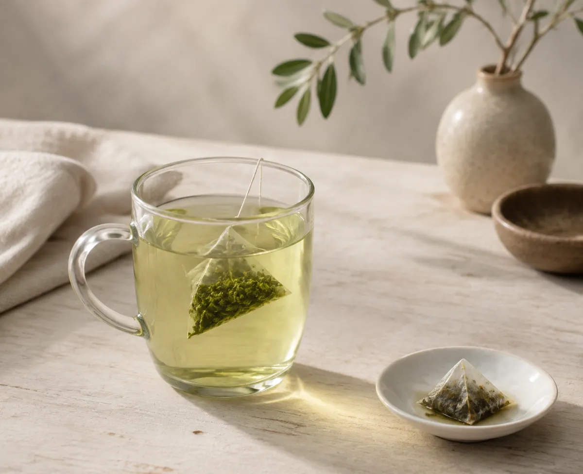A pyramid tea bag of green leaf suspended in a clear glass mug of pale green tea, a small saucer beside it holding a used damp bag