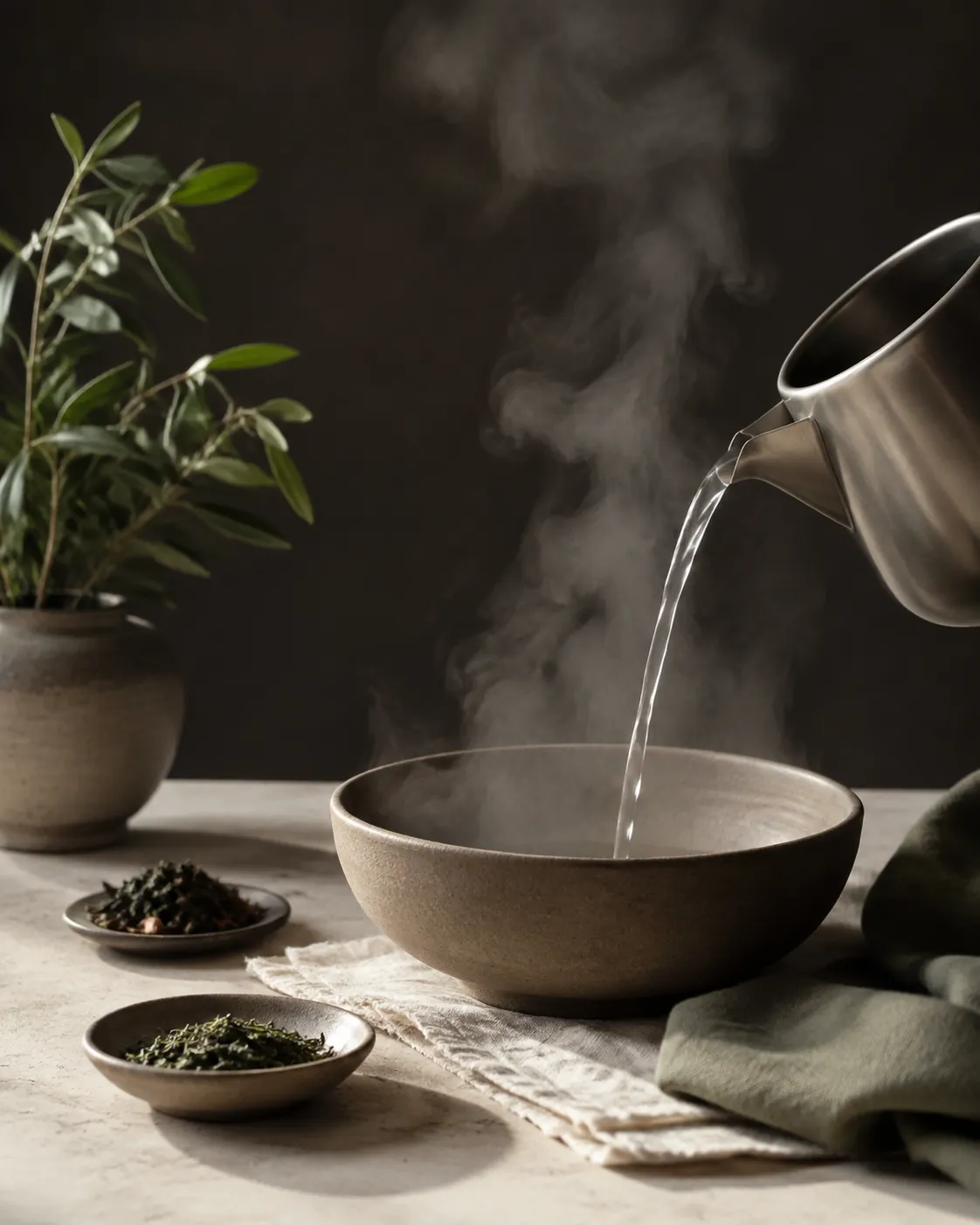 Just-boiled water being poured from a plain kettle into a wide shallow ceramic bowl, steam rising from the surface against a dark background
