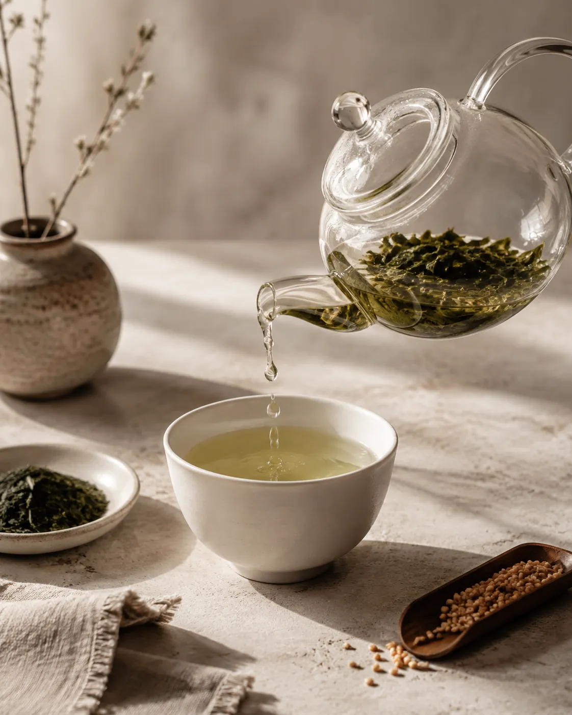 The last drops being tipped from a small glass teapot into a cup, spent green leaf clearly visible inside the pot