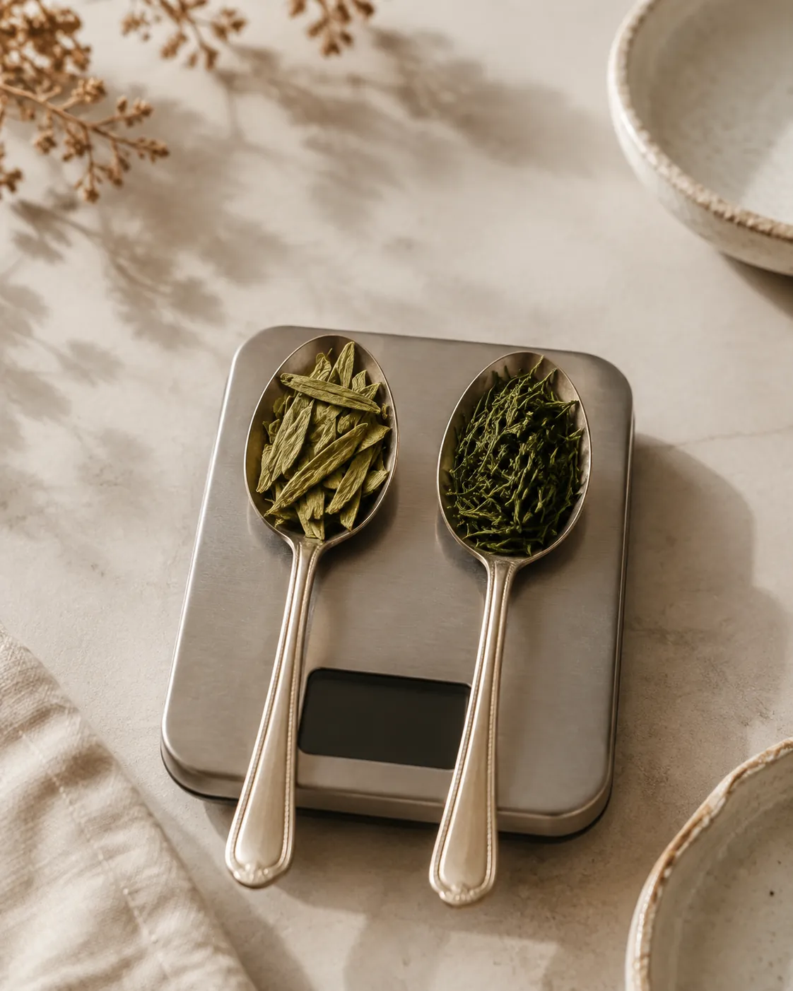 Two identical teaspoons on a small digital scale, one heaped with flat pale jade tea blades and the other with fine dark green needles, showing different weights