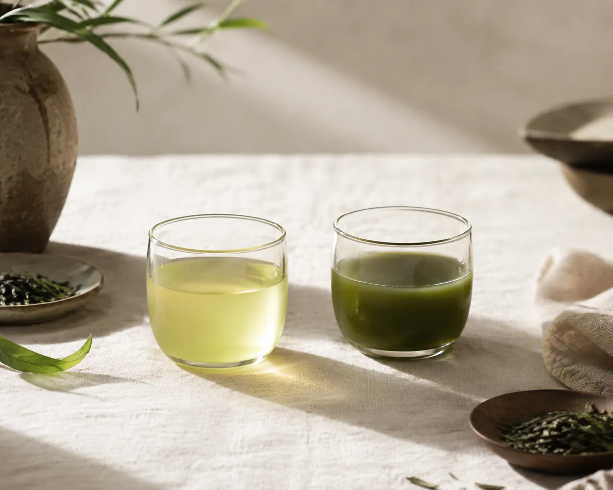 Two cups of green tea side by side, the left clear pale green and the right cloudy and darker