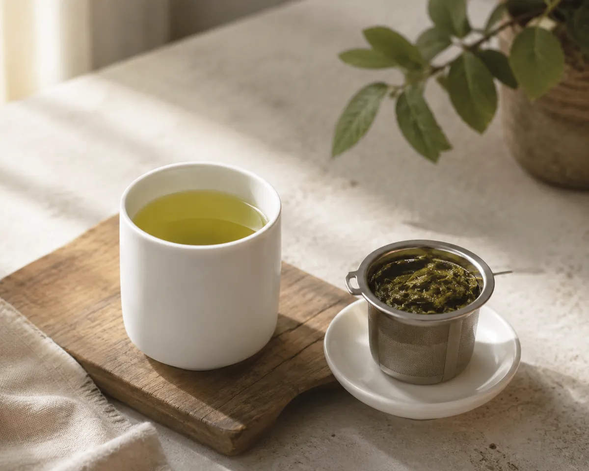 A plain white mug of pale green tea beside a small saucer holding a lifted basket infuser packed with swollen wet green leaf