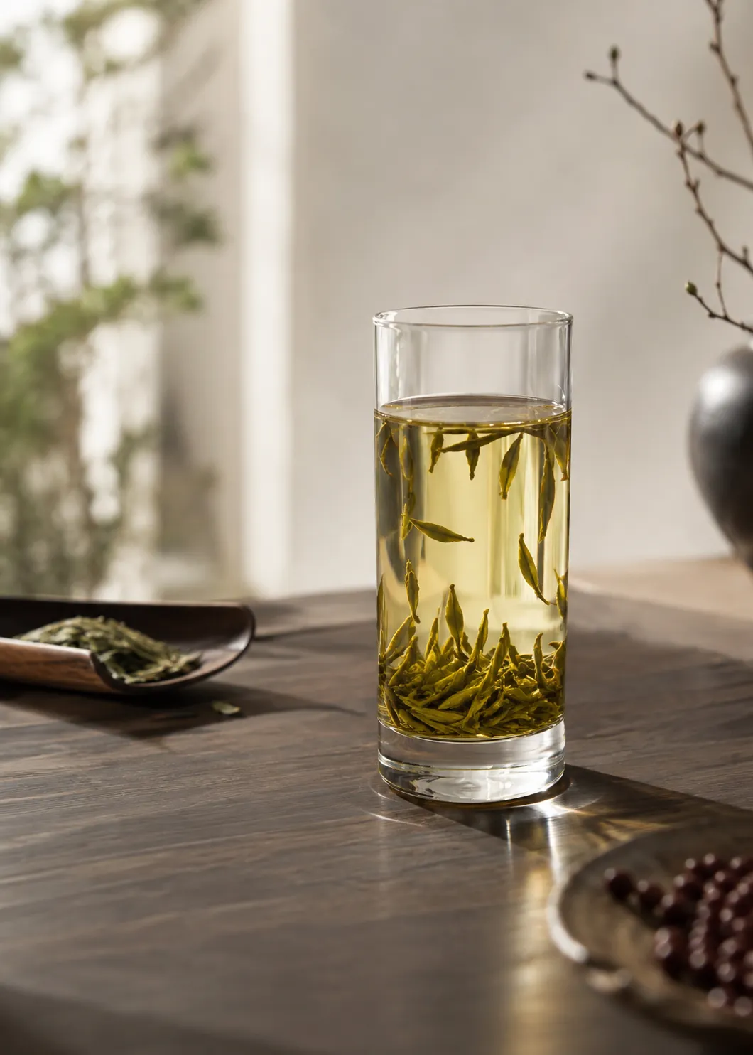 A tall clear glass two-thirds full of pale gold tea with long intact green leaves suspended and drifting through it, no infuser in the glass