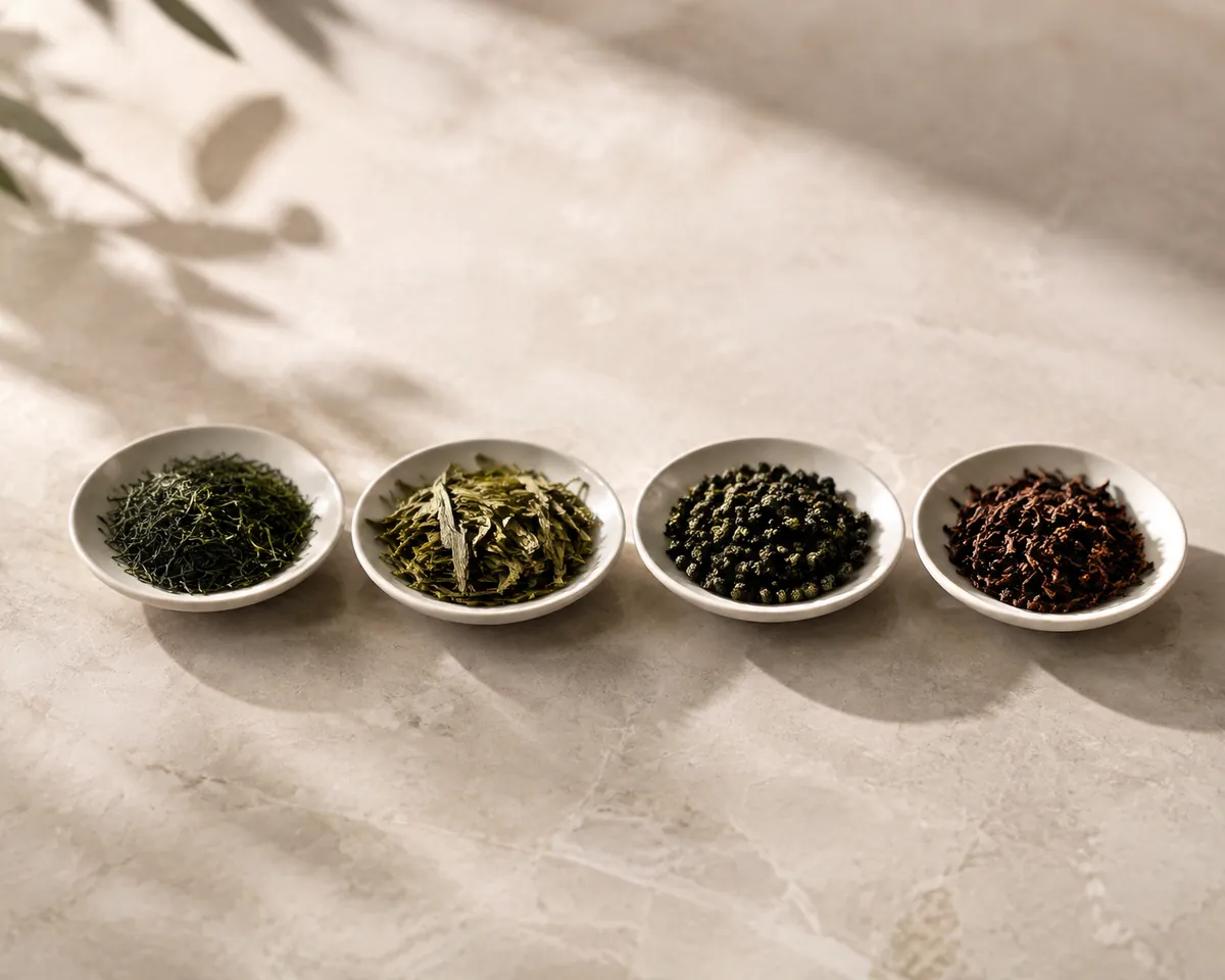 Four small white dishes of dry green tea leaf in a row, from fine dark needles through flat pale jade blades to tightly rolled pellets and reddish-brown roasted leaf