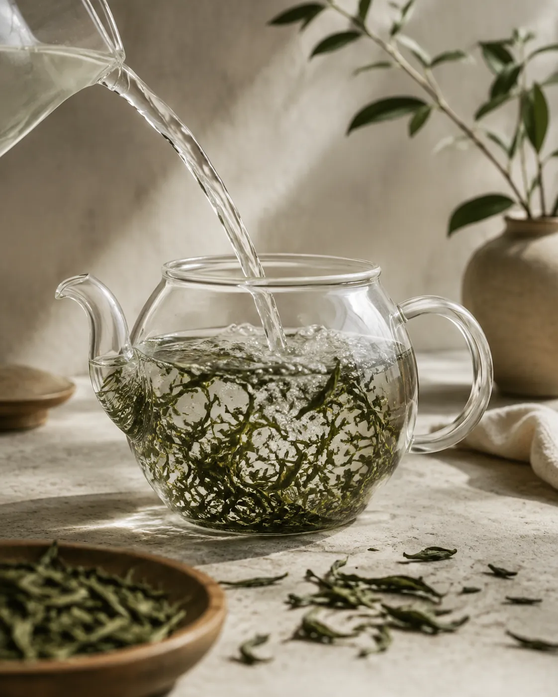 Water poured from low over a glass teapot onto a bed of dry green tea leaf, the leaves lifting and tumbling in the swirl