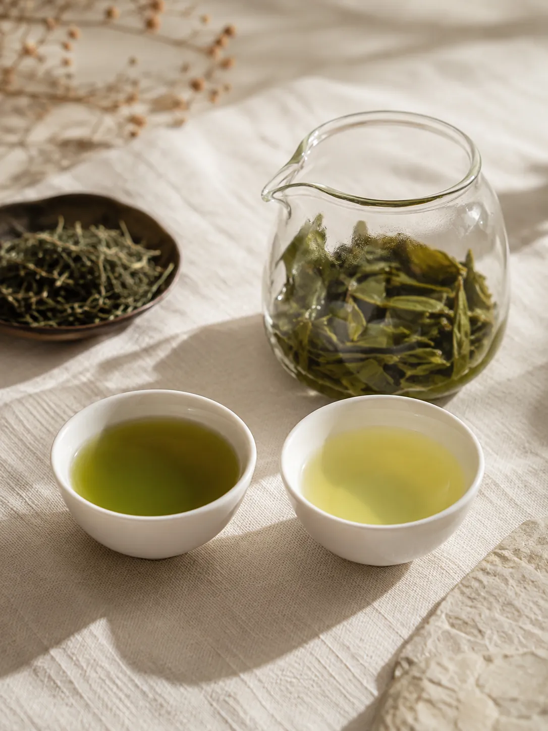 Two small white cups side by side, the left holding deeper green first-steep liquor and the right a paler yellow-green second steep, with an open glass pot of swollen wet leaf behind