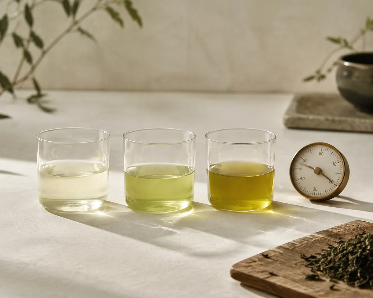 Three identical clear glass cups in a row holding green tea of increasing depth, from near-colourless through pale jade to a dull olive-yellow, with a small round timer lying beside them