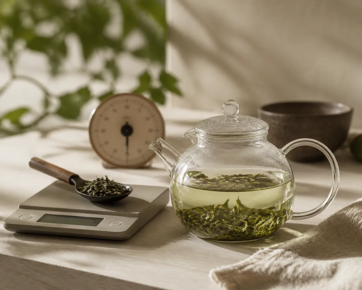 Loose green tea leaf in a glass pot with water being poured onto it, a small scale and a timer alongside