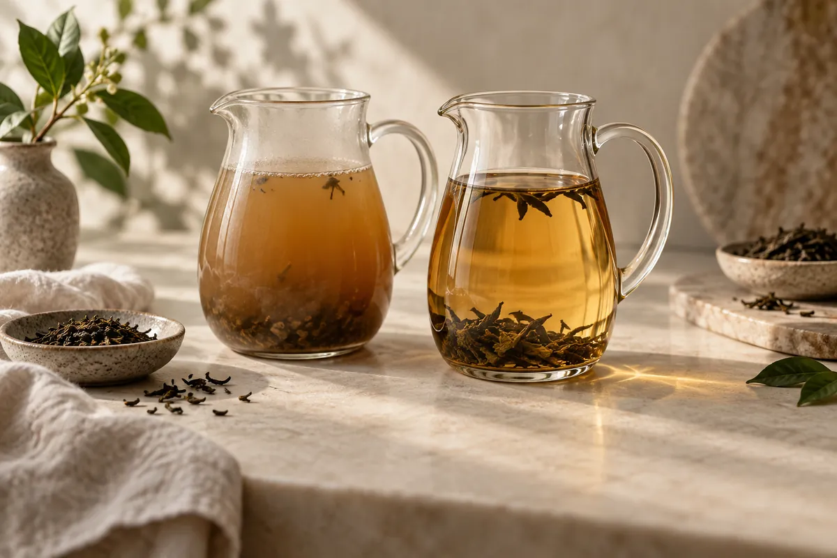 Two glass pitchers of brewed tea standing together, the left murky and hazy and the right clear