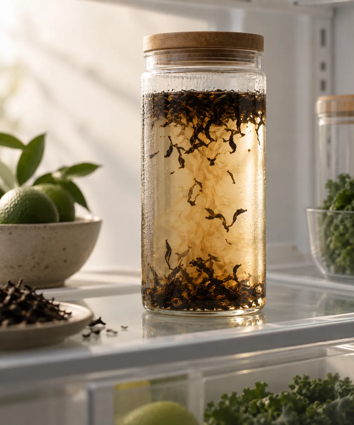 A tall lidded glass jar of cold water with loose dark tea leaves suspended and staining the water a pale amber