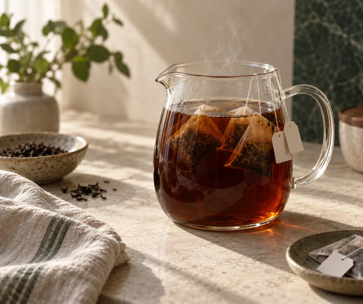 A heatproof glass jug of dark freshly brewed tea with several tea bags floating and their tags over the rim