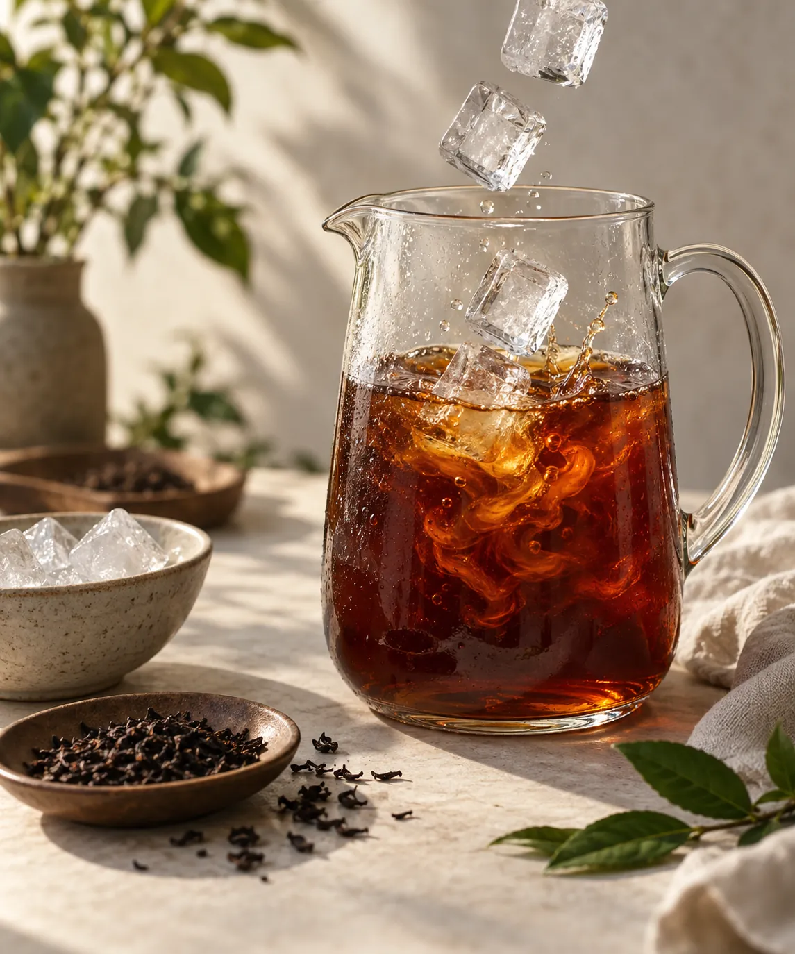 Clear ice cubes tumbling into a jug already half filled with strong dark brewed tea, the surface swirling