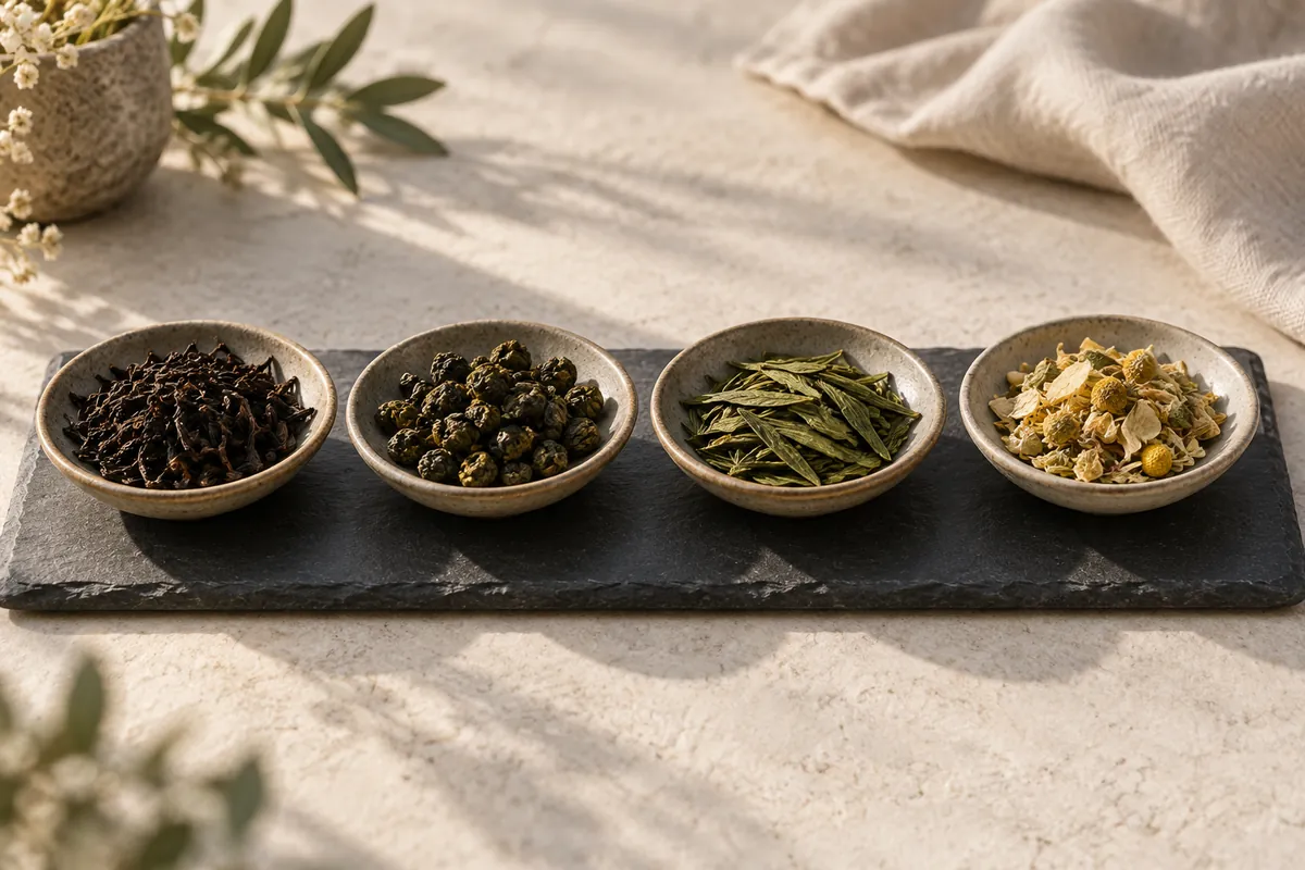 Four shallow dishes in a row holding black tea leaf, twisted oolong, flat green needles and a dried herbal blend