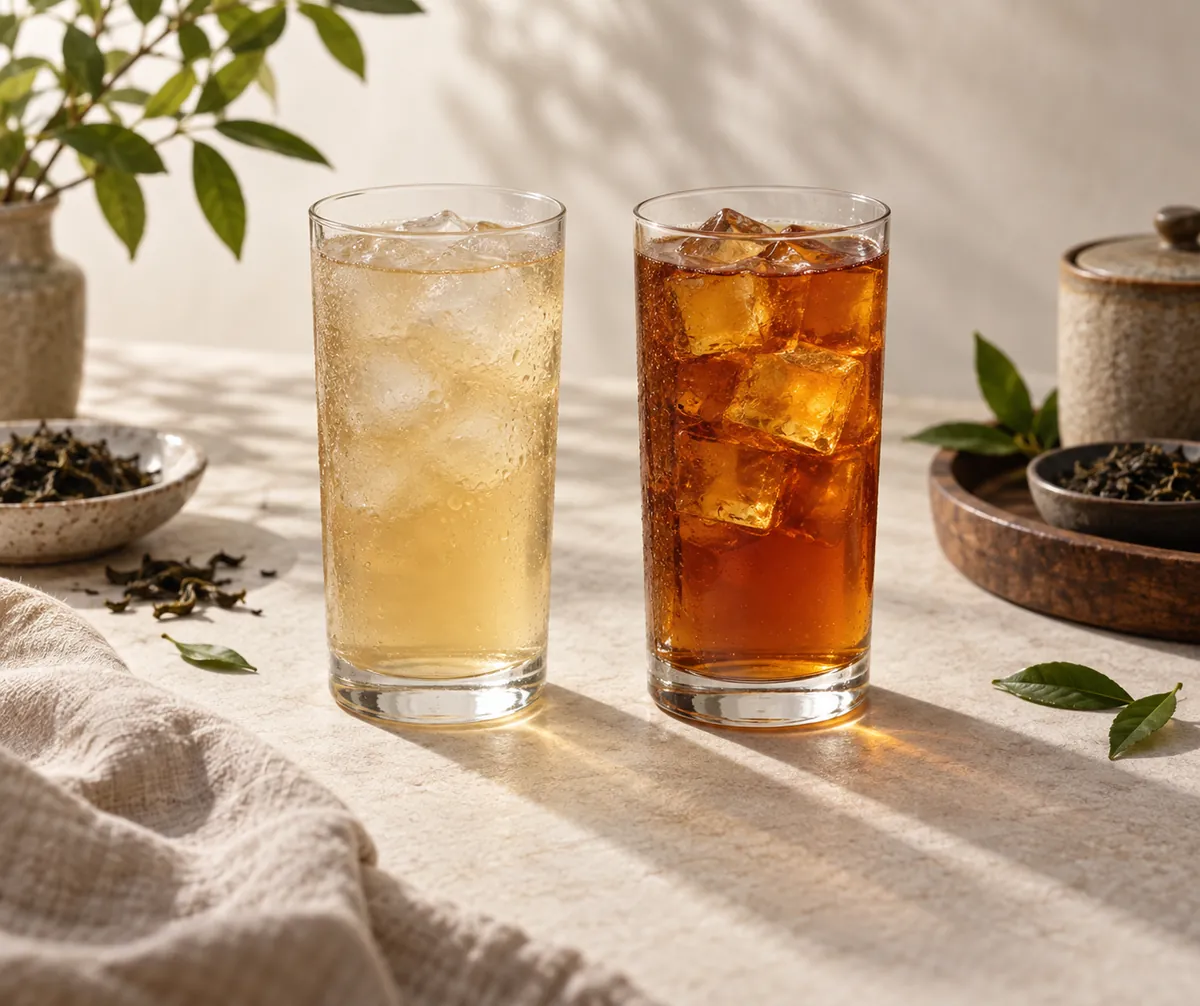 Two tall glasses of iced tea, the left a pale washed-out straw colour and the right a deep clear amber