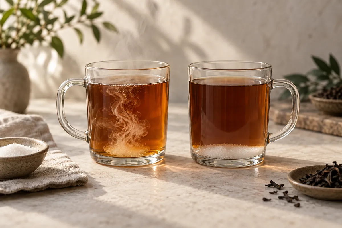 Two glasses of tea, the left hot with sugar dissolving in a clear swirl and the right cold with granules settled at the bottom