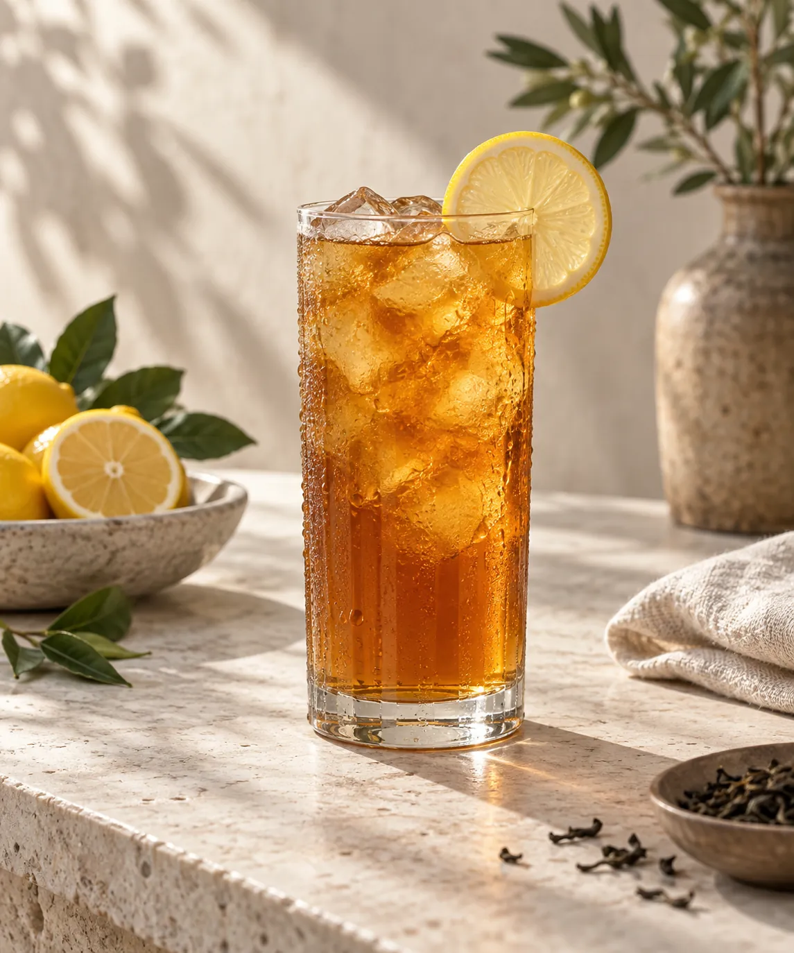 A tall glass of clear amber iced tea packed with ice and a thin slice of lemon on the rim, standing on a pale stone counter
