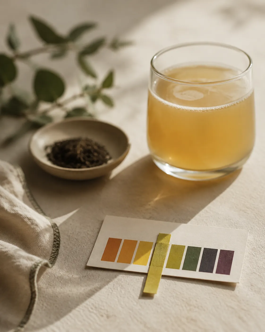 A strip of pH paper held against a colour chart beside a glass of cloudy kombucha
