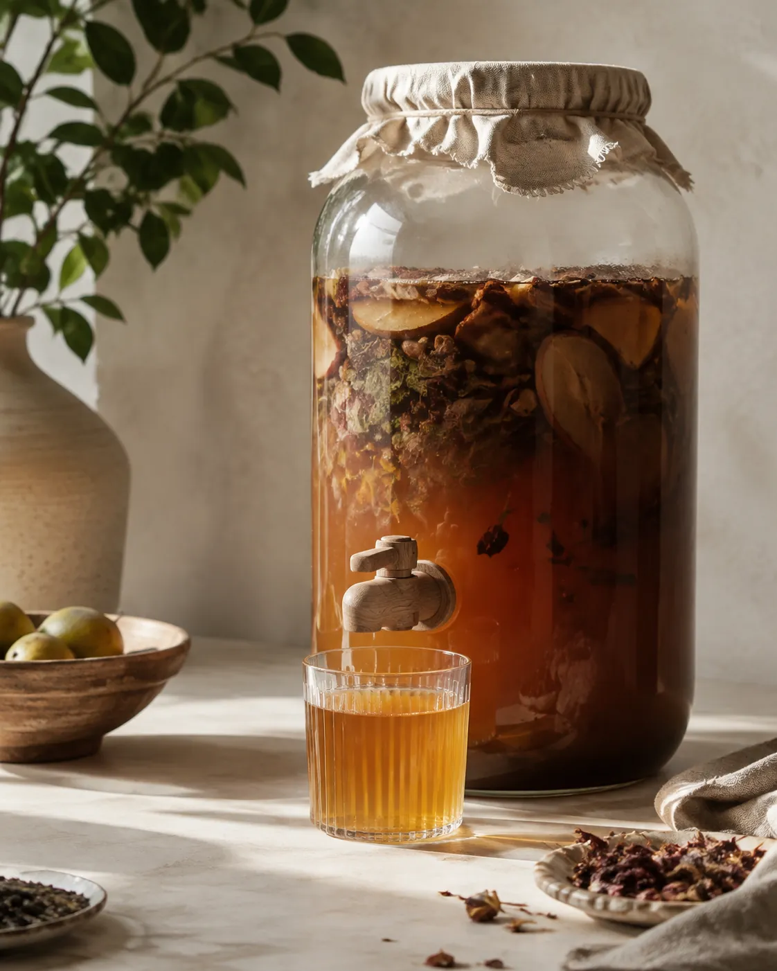 A large glass fermenting vessel with a wooden spigot near its base, covered with cloth, a filled glass standing beneath the tap