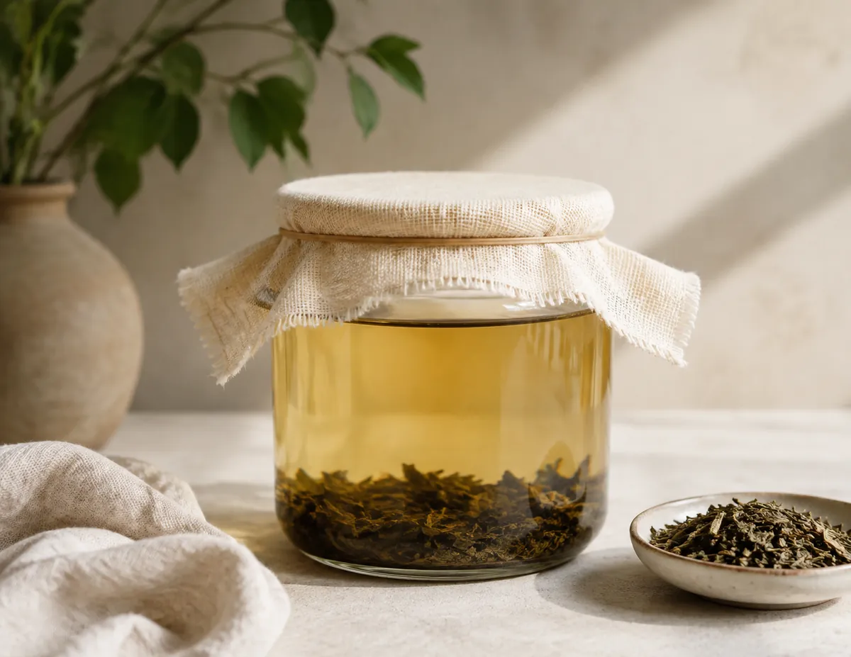 A wide glass jar of tea covered with a square of woven cloth held by a rubber band on a kitchen counter