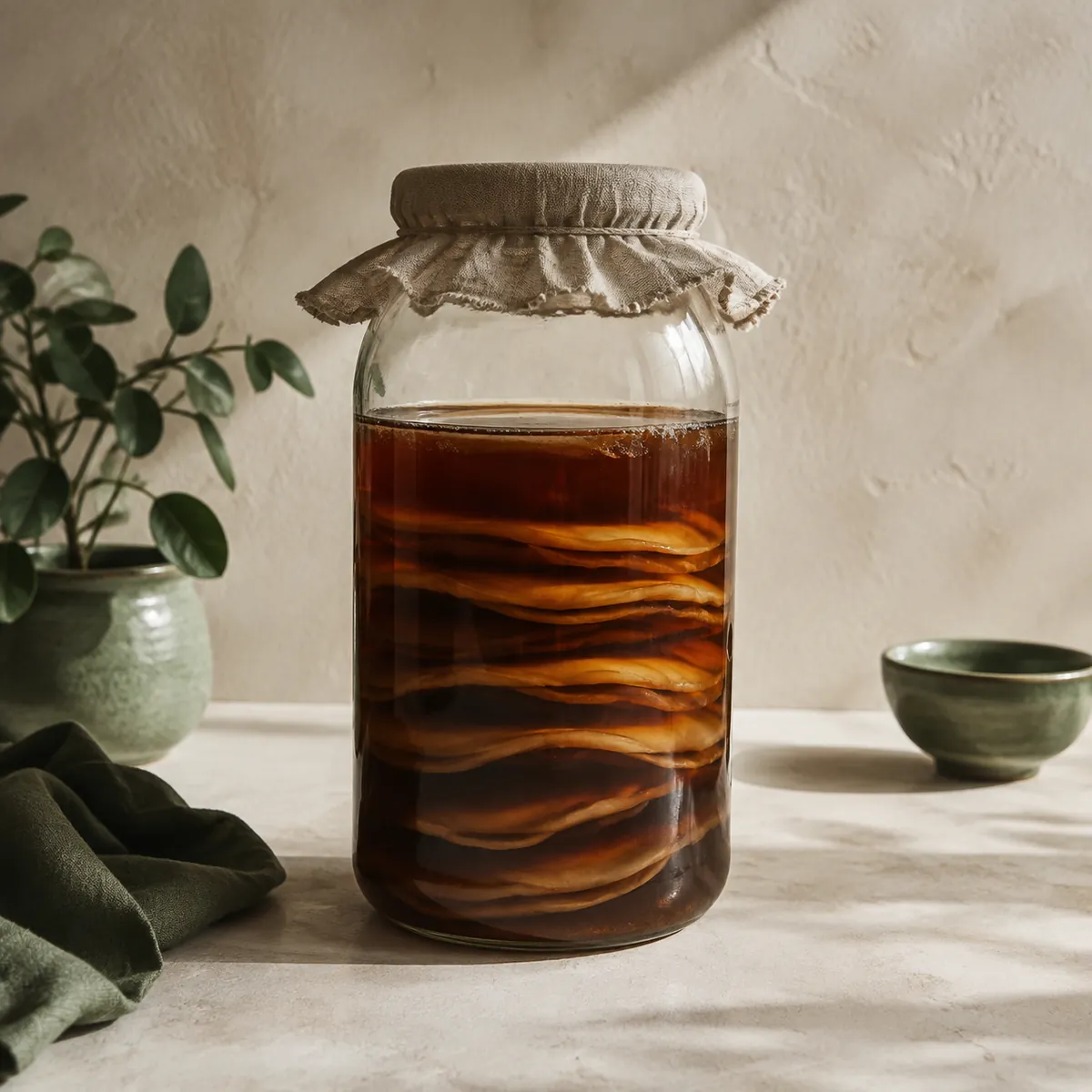 A tall glass jar holding several stacked kombucha cultures submerged in dark liquid, covered with cloth