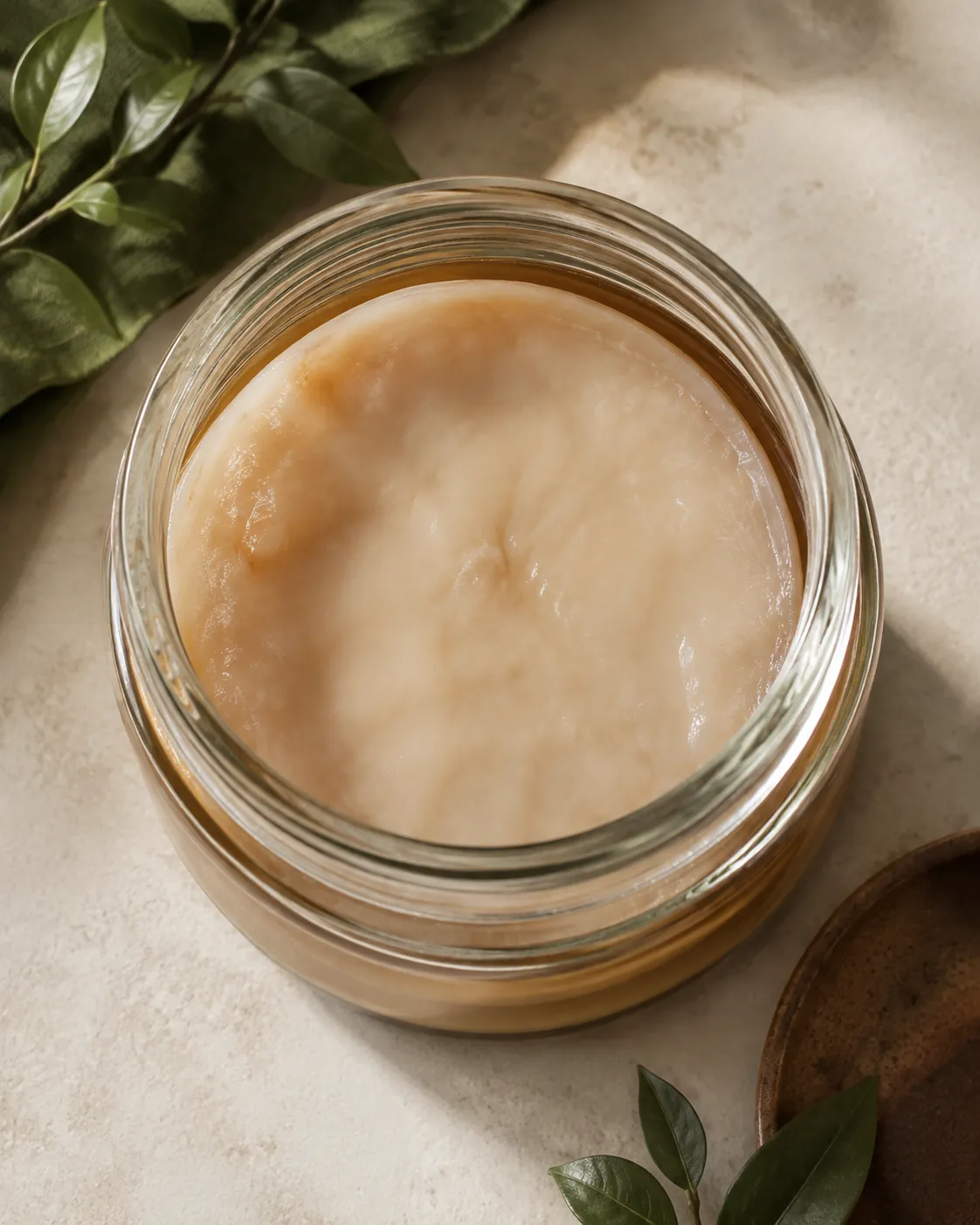 A pale rubbery kombucha culture resting in cloudy starter liquid in a small glass jar