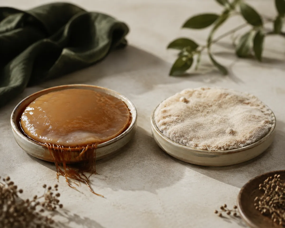 Two kombucha cultures side by side, the left with brown yeast strands trailing beneath and the right with dry fuzzy mould on the surface