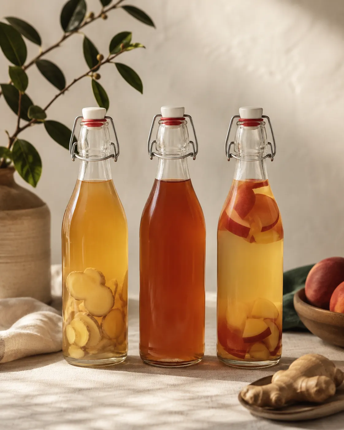 Three flip-top bottles of kombucha on a counter, one with sliced ginger and one with fruit pieces visible inside