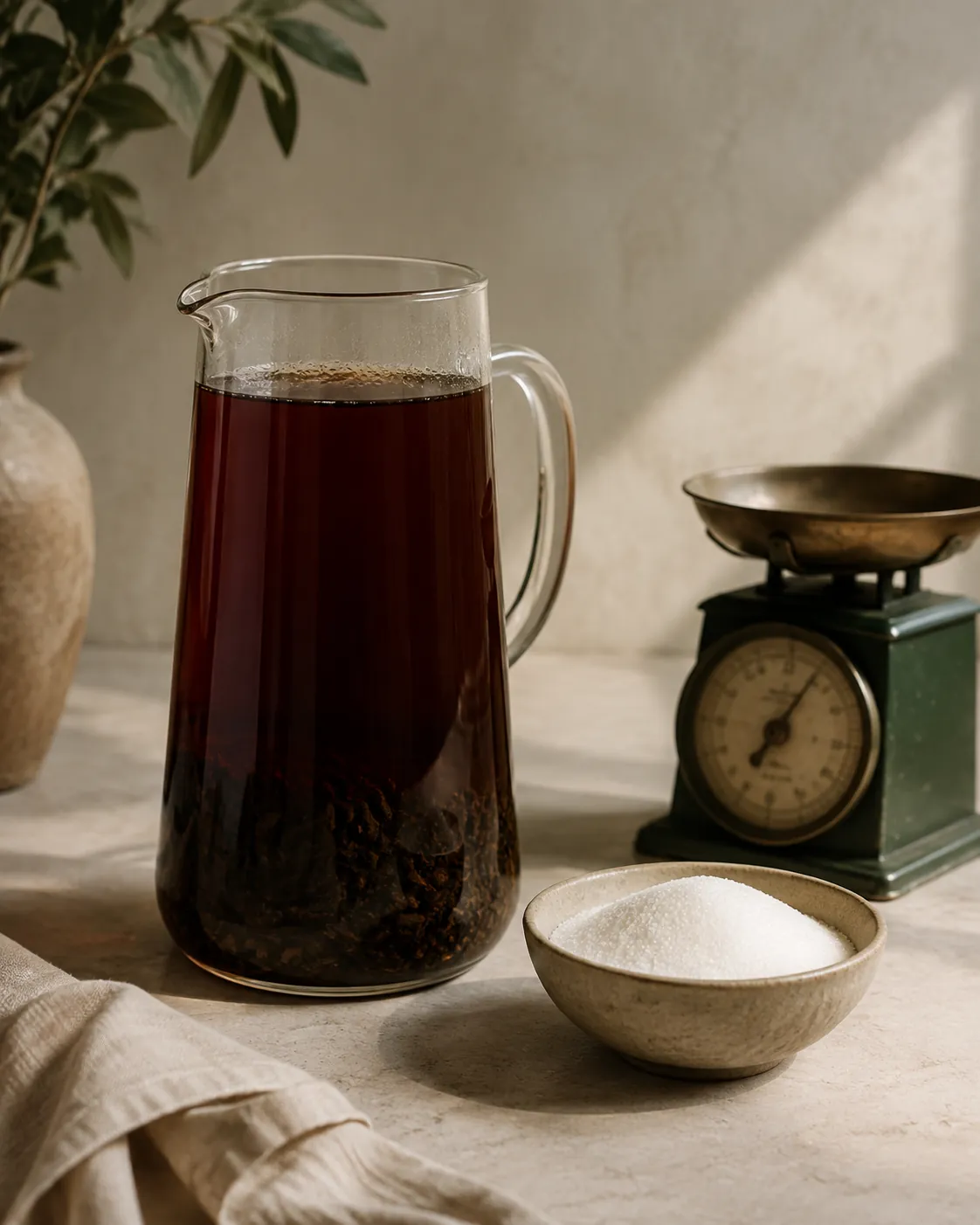 Dark strong tea steeping in a jug beside a bowl of white sugar and a set of scales