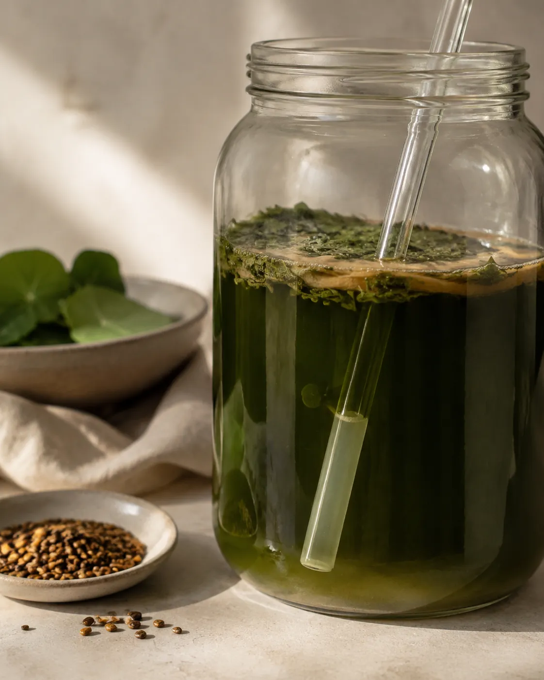 A glass straw drawing a small sample of cloudy kombucha from beneath the culture in a jar
