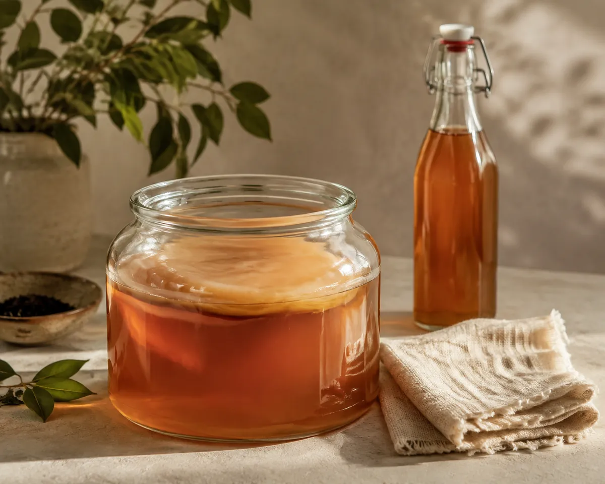 A wide glass jar of kombucha with a pale culture floating on the surface beside a filled bottle