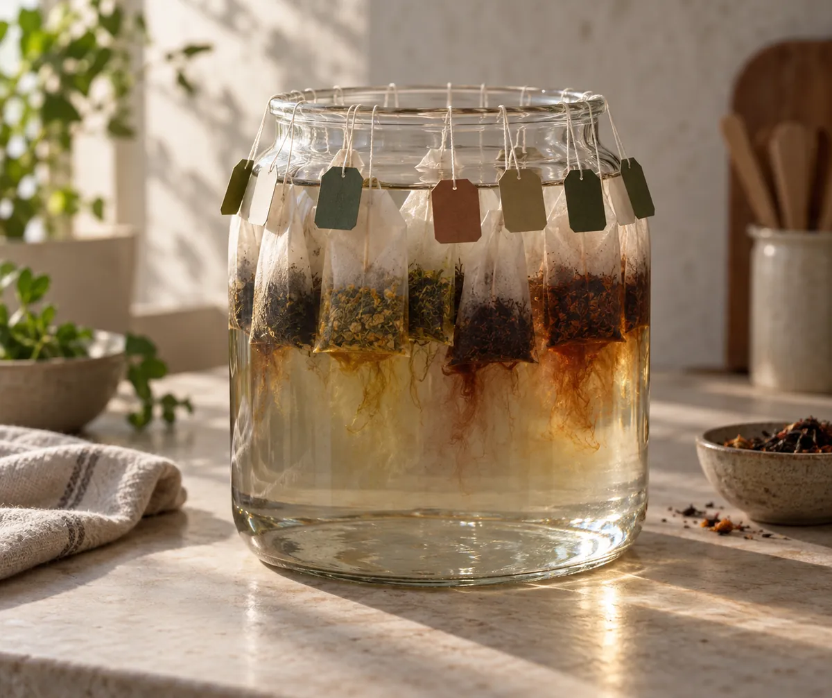 Twelve teabags with their tags hanging over the rim of a large glass jar of water just filled