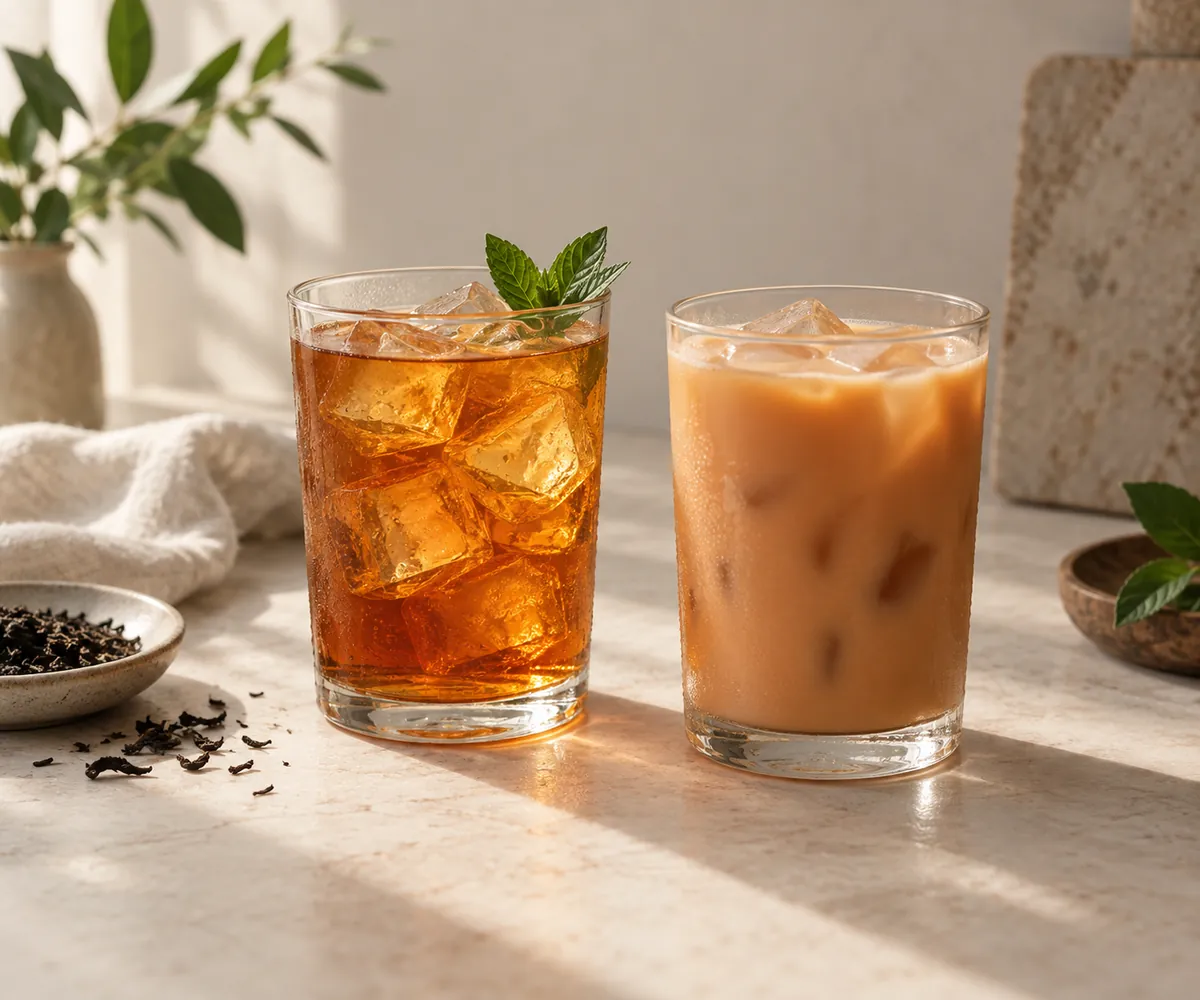 Two glasses of iced tea side by side, one transparent and one milky enough to blur the ice inside it