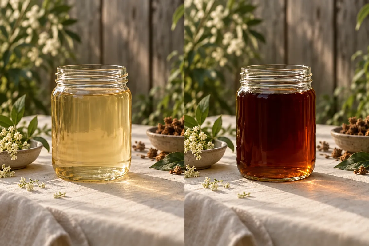 The same jar photographed twice, once pale straw and once deep amber, standing in the same spot