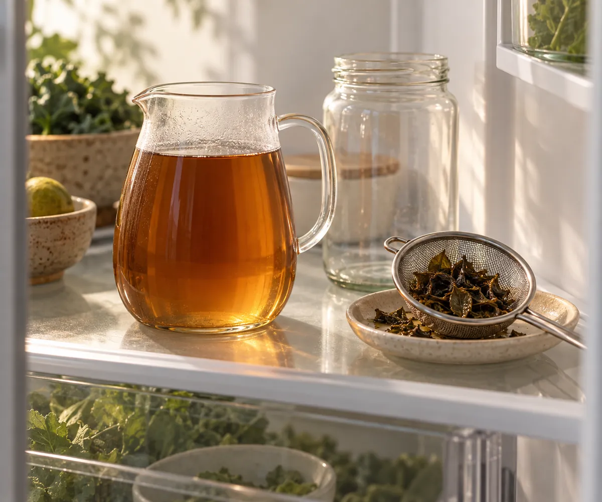A strained jug of amber tea placed on a fridge shelf beside the emptied jar and a sieve of wet leaves