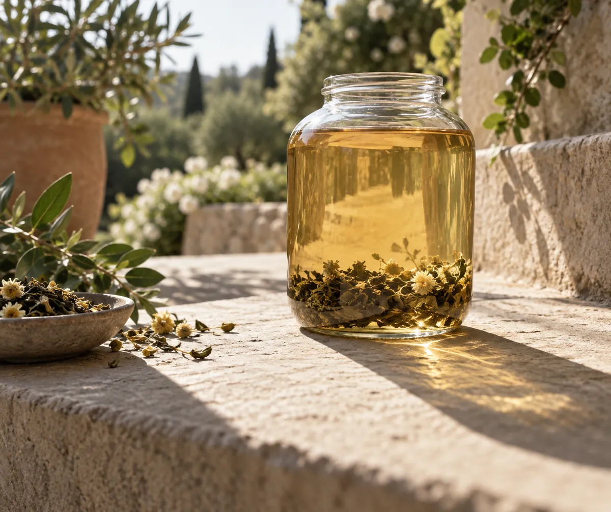 A large clear glass jar of pale tea standing in unbroken sunlight on an outdoor step with a shadow stretching behind it